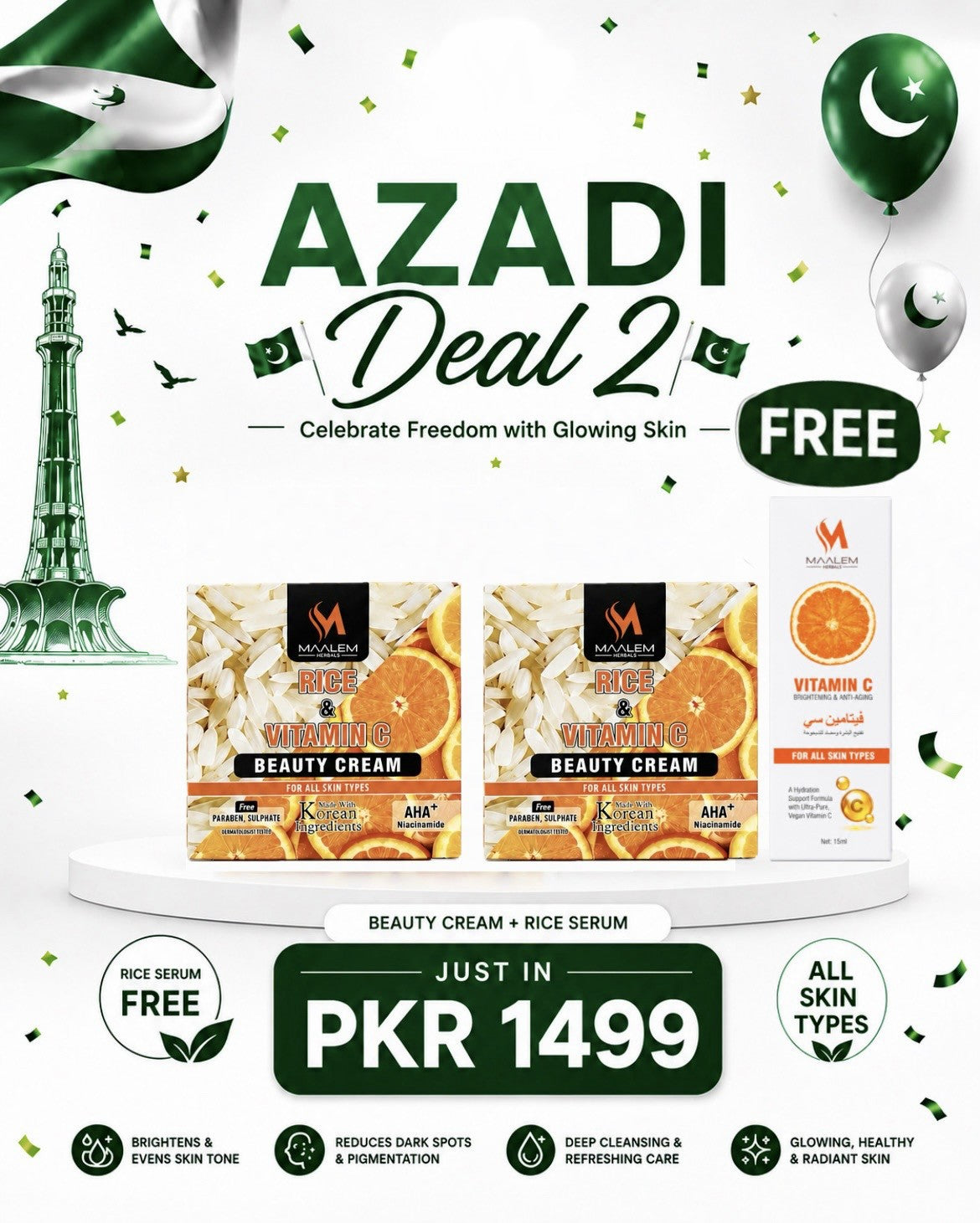 Azadi Deal 2 - Glow & Serum Combo (Buy 2 Beauty Creams + Free Vitamin C Serum)